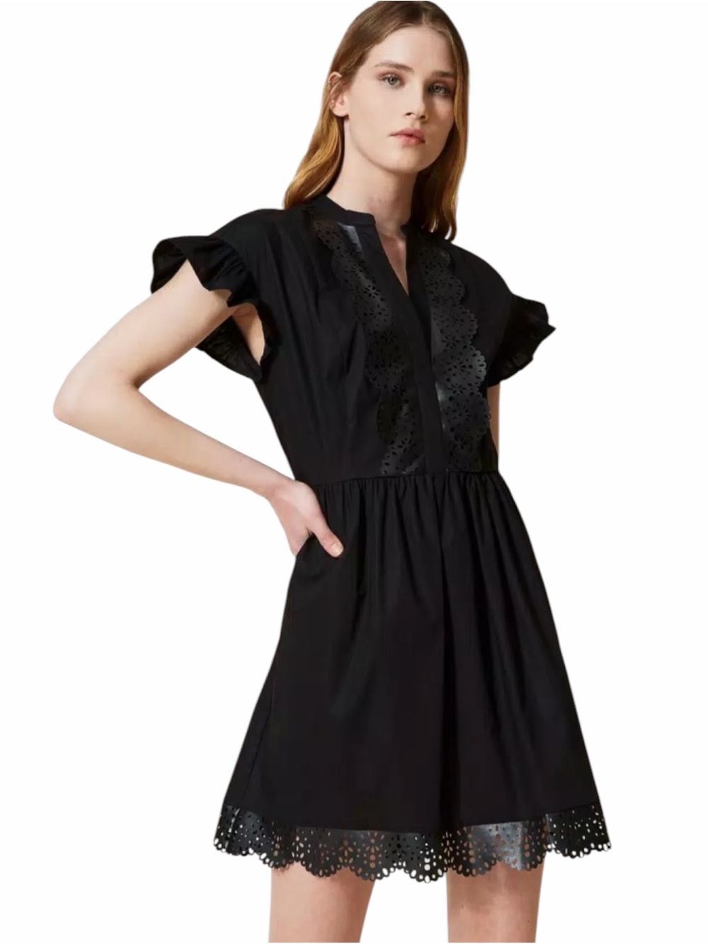 NWT Twinset Milano Short Dress with Laser Embroidery in Black Size 44/ US 8